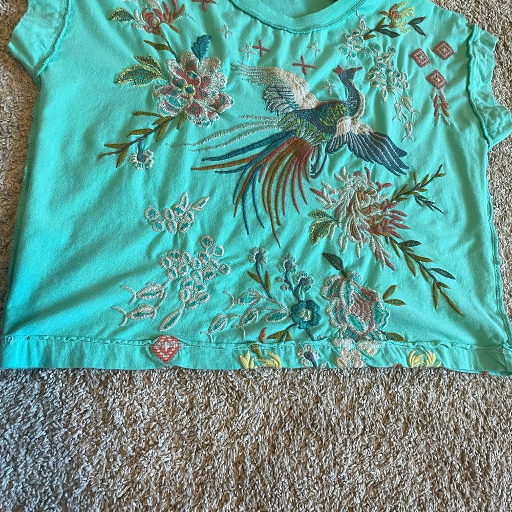 Johnny Was Turquoise Embroidered Short Sleeve Top - Picture 9 of 11